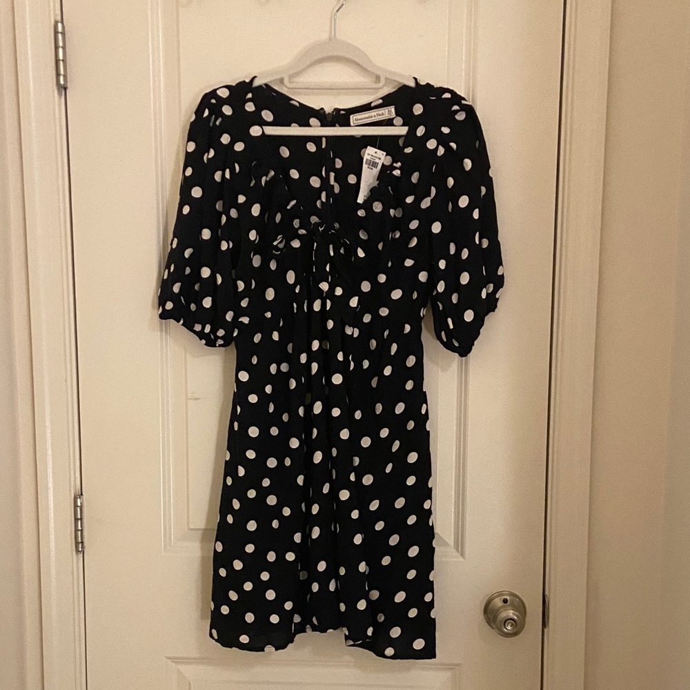 Abercrombie & Fitch Black and White Polka Dot Tie Front Cinch Dress